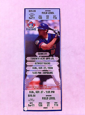MLB ROY HALLADAY 1ST WIN GAME, FULL TICKET, TORONTO BLUE JAYS, SEPTEMBER 27, 1998
