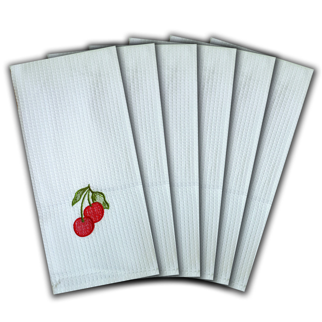 WAFFLE WEAVE PURE COTTON EMBROIDERED KITCHEN/TEA TOWELS, SET OF 6, 18X28" INCHES - CHERRIES DESIGN