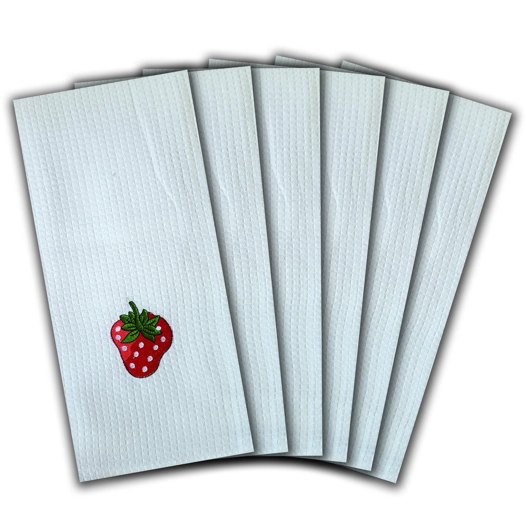 WAFFLE WEAVE PURE COTTON EMBROIDERED KITCHEN/TEA TOWELS, SET OF 6, 18X28" INCHES - STRAWBERRIES DESIGN